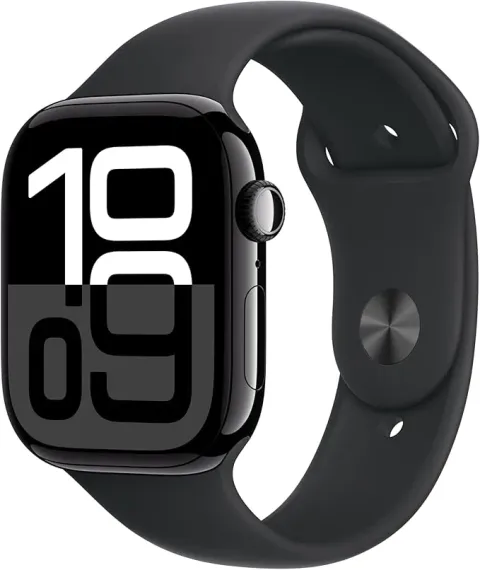 Apple Watch Series 10 with titanium case and colorful display showing fitness metrics