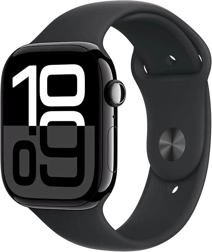 Apple Watch Series 10 with titanium case and colorful display showing fitness metrics