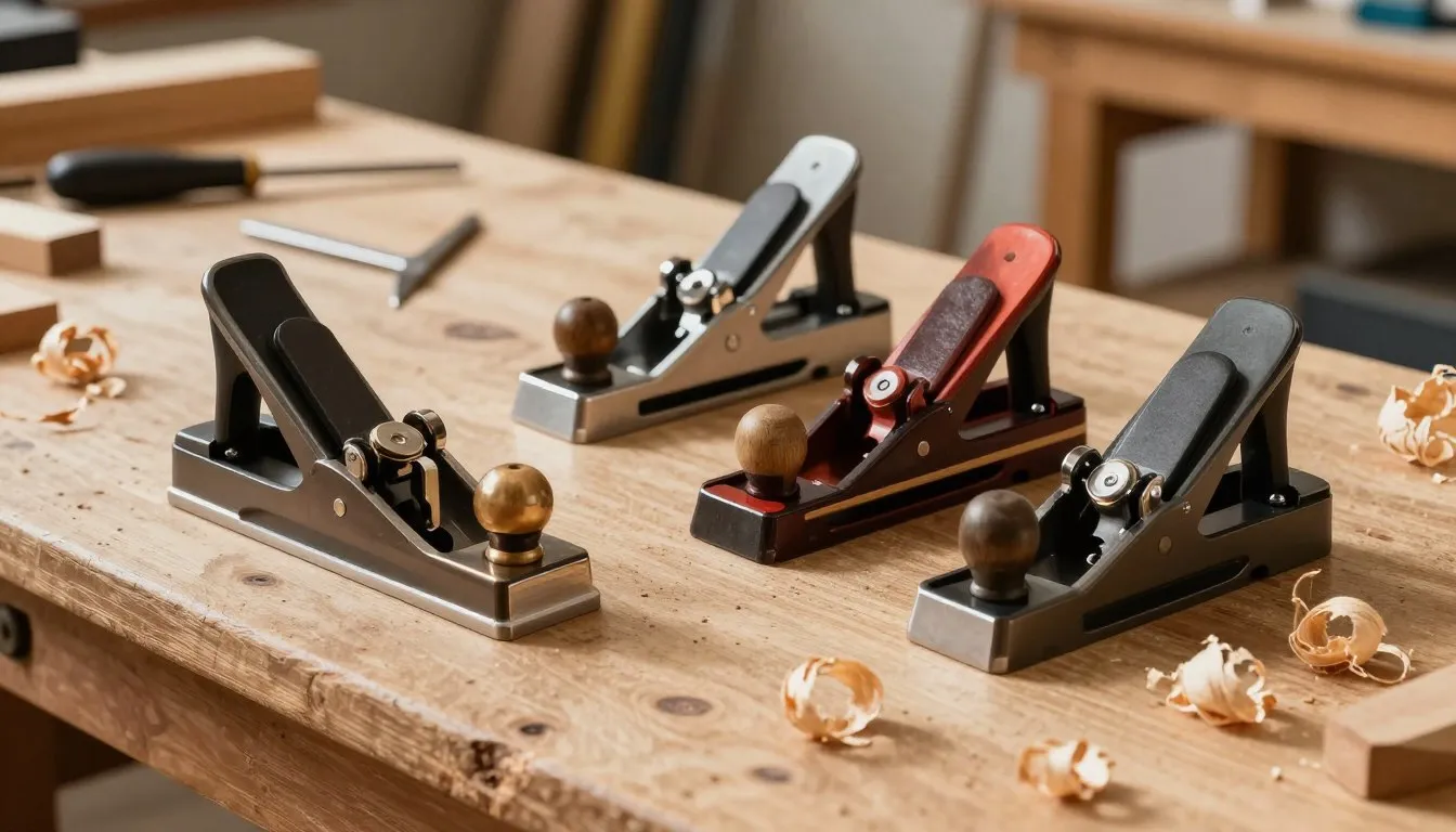 Best Block Planes of {year} arranged on workbench with wood shavings