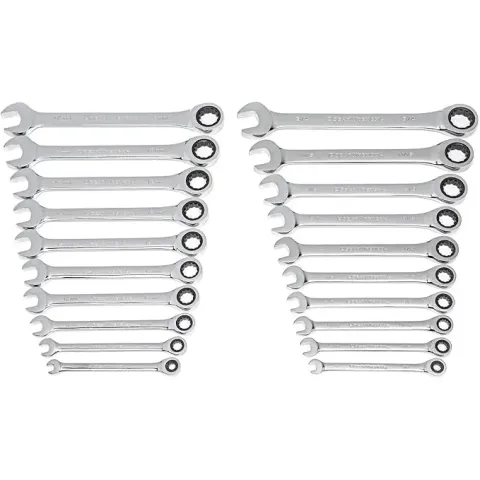 GearWrench 20-piece ratcheting combination wrench set in organized storage tray