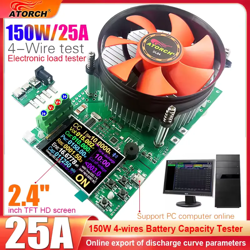 150W 4-wire battery capacity tester with color TFT display showing discharge test in progress