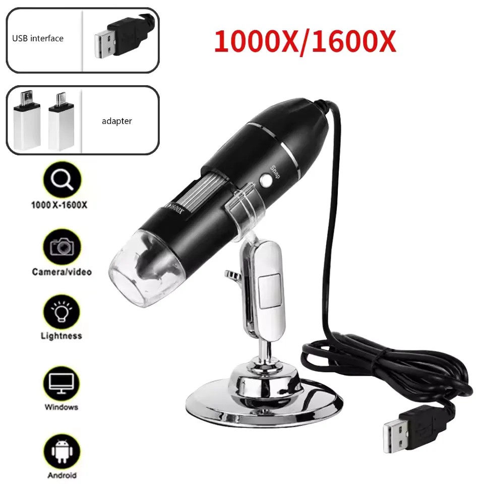 1600X digital microscope 3-in-1 connected via USB Type-C showing circuit board solder joint inspection