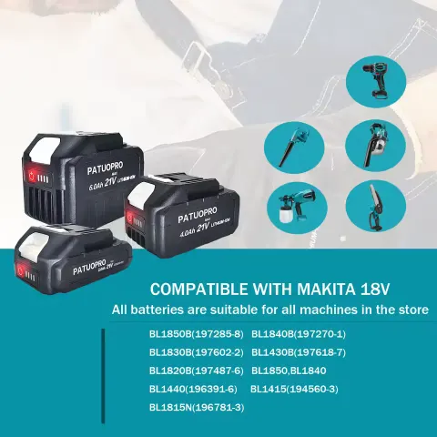 18V and 21V lithium battery pack compatible with Makita power tools showing capacity options from 2.0Ah to 6.0Ah