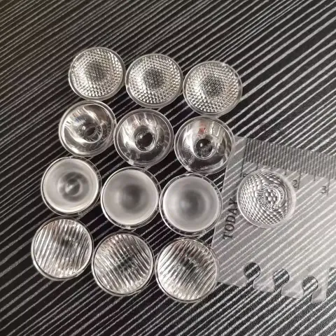20mm PMMA LED reflector lens showing beam angle range 8 to 120 degrees for 1W 3W 5W LED chips