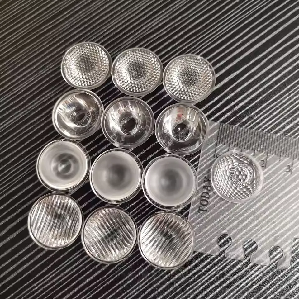 20mm PMMA LED reflector lens showing beam angle range 8 to 120 degrees for 1W 3W 5W LED chips