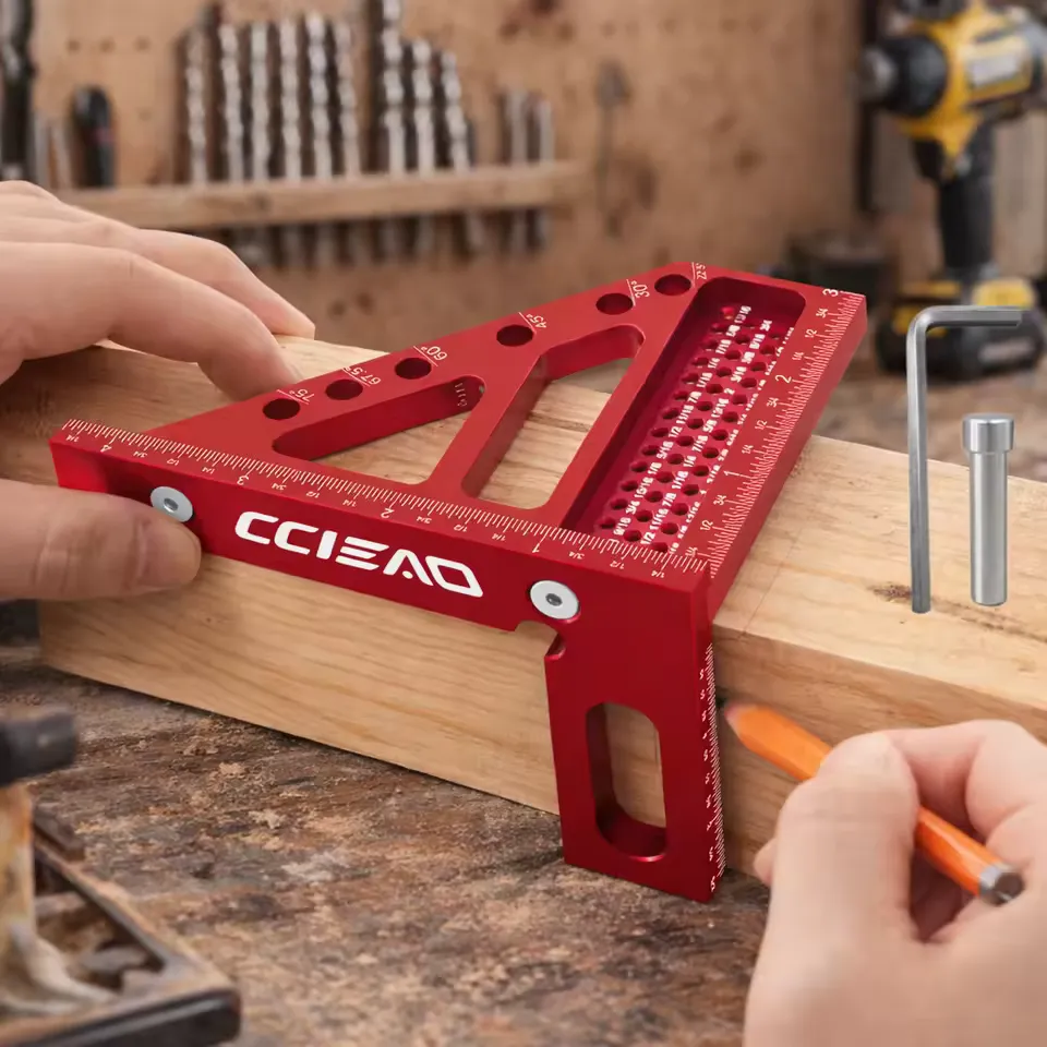 3D aluminum carpenter square and miter protractor marking angles across multiple faces of a wooden workpiece