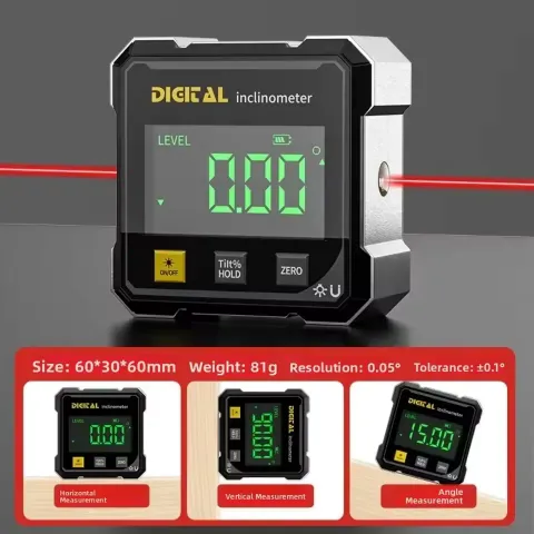 4-side display magnetic angle sensor attached to a saw blade showing digital angle reading