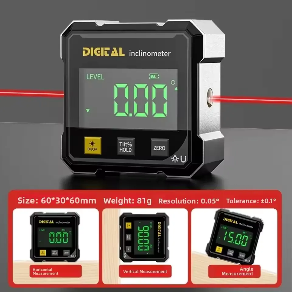 4-side display magnetic angle sensor attached to a saw blade showing digital angle reading