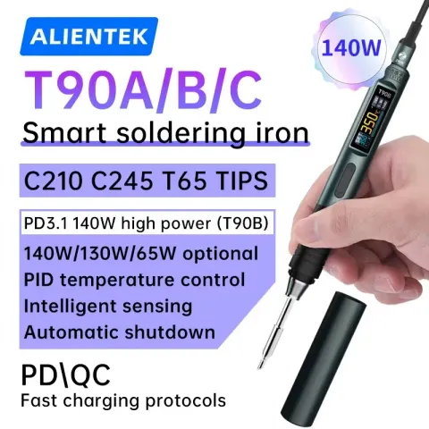 ALIENTEK T90 PD smart soldering iron with OLED display showing 350°C temperature reading on workbench