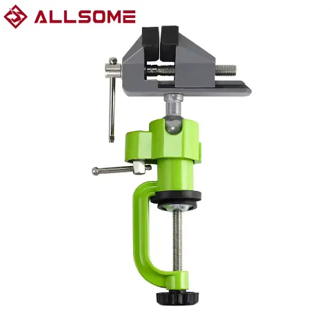 ALLSOME 3-inch aluminum bench vise with 360-degree swivel base and universal table clamp attachment