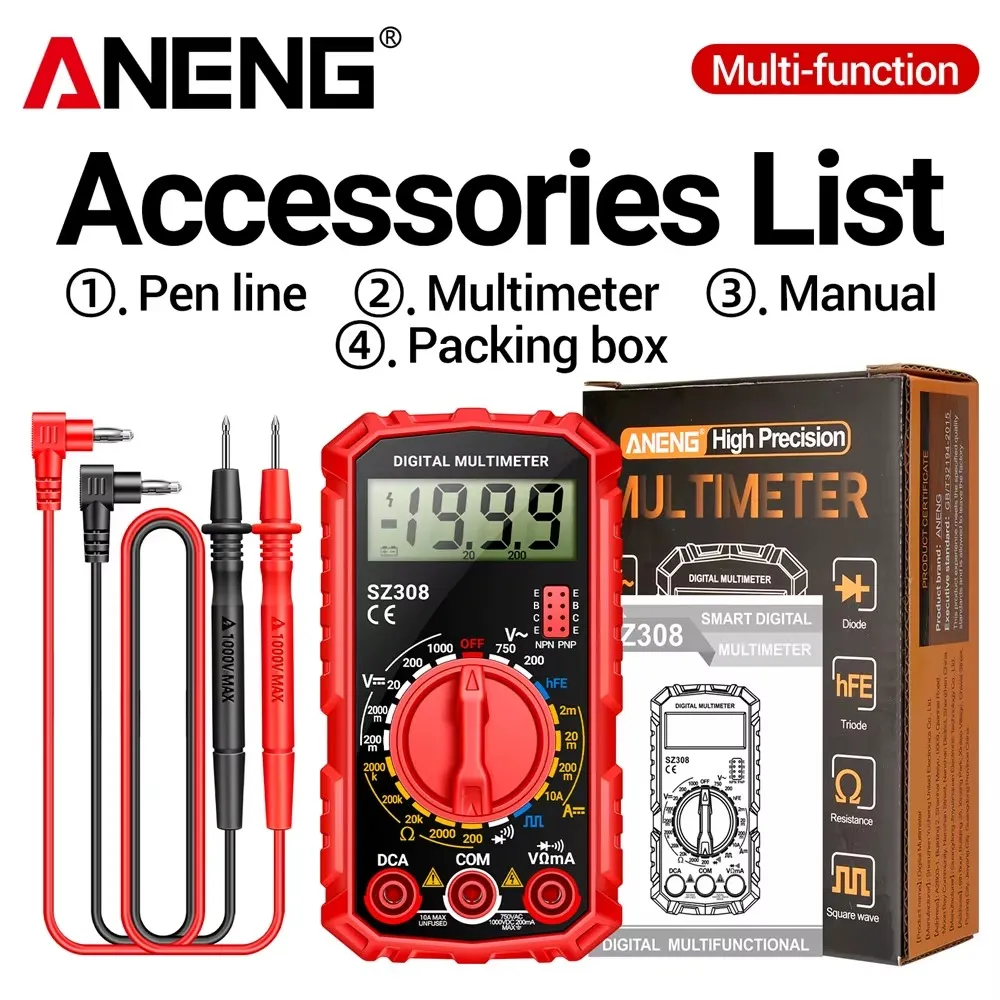 ANENG SZ308 digital multimeter with LCD backlight display showing measurement reading