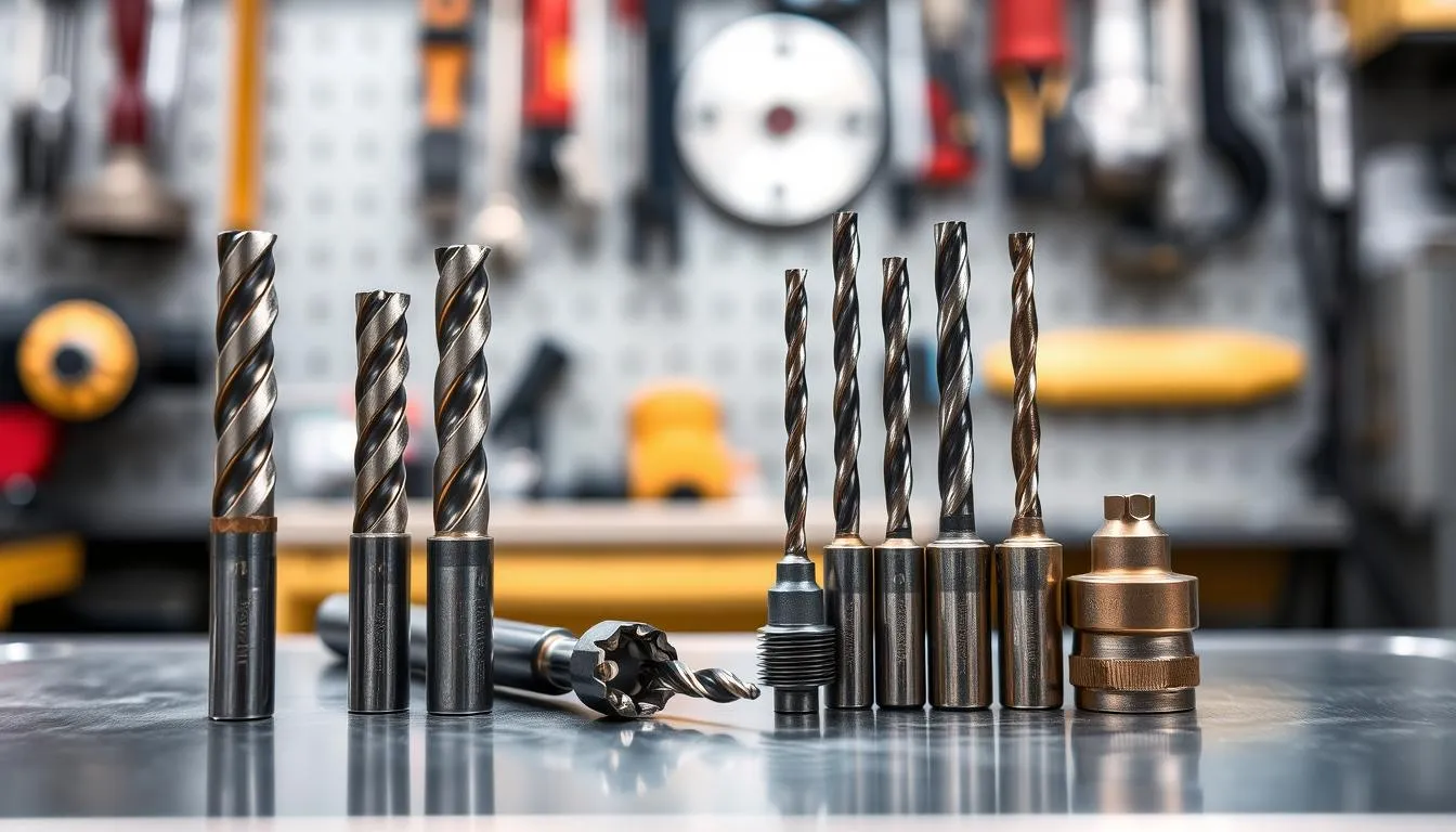 Best drill bits and step drills from AliExpress {year} on a workshop workbench showing different bit types