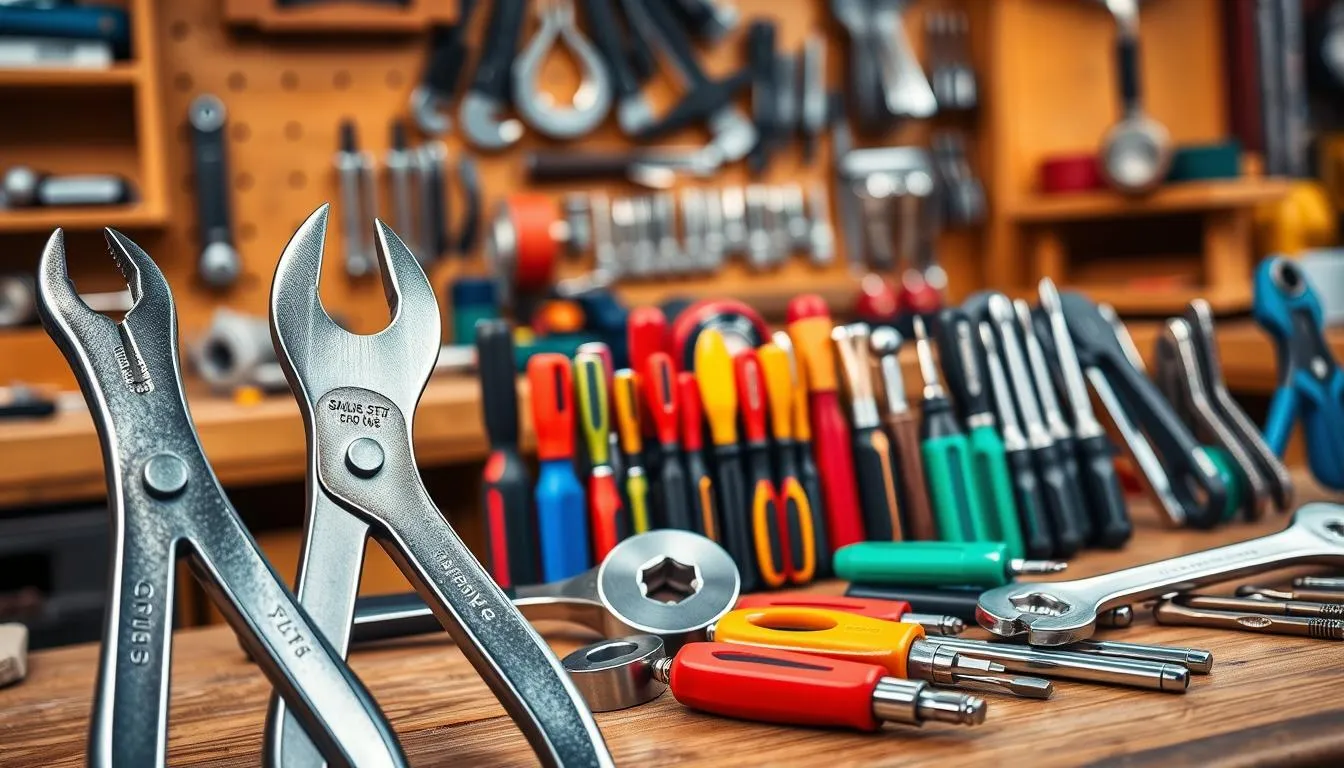 Best hand tools from AliExpress {year} including pliers wrenches and bench vise on a workshop workbench