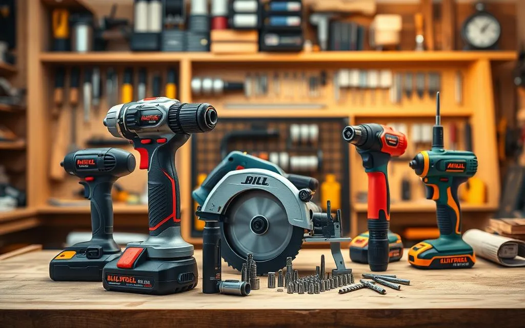 Best cordless brushless power tools from AliExpress {year} including drills and circular saw on a workshop workbench
