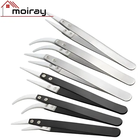 Ceramic-tip stainless steel ESD tweezers holding an SMD component for heat-resistant soldering applications