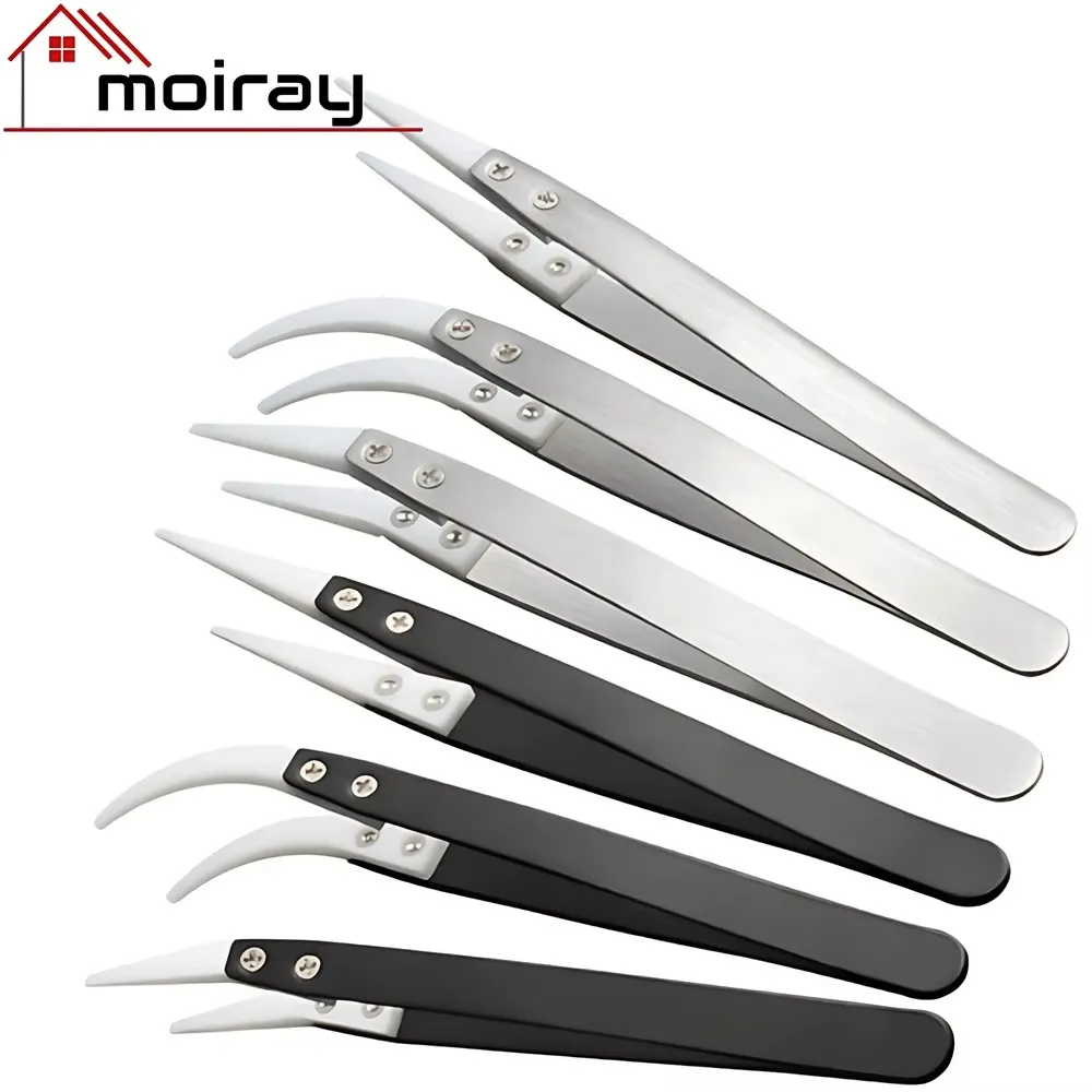 Ceramic-tip stainless steel ESD tweezers holding an SMD component for heat-resistant soldering applications