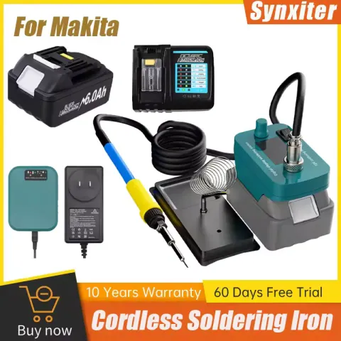 Cordless electric soldering iron station with base holder temperature control and tip included on workbench