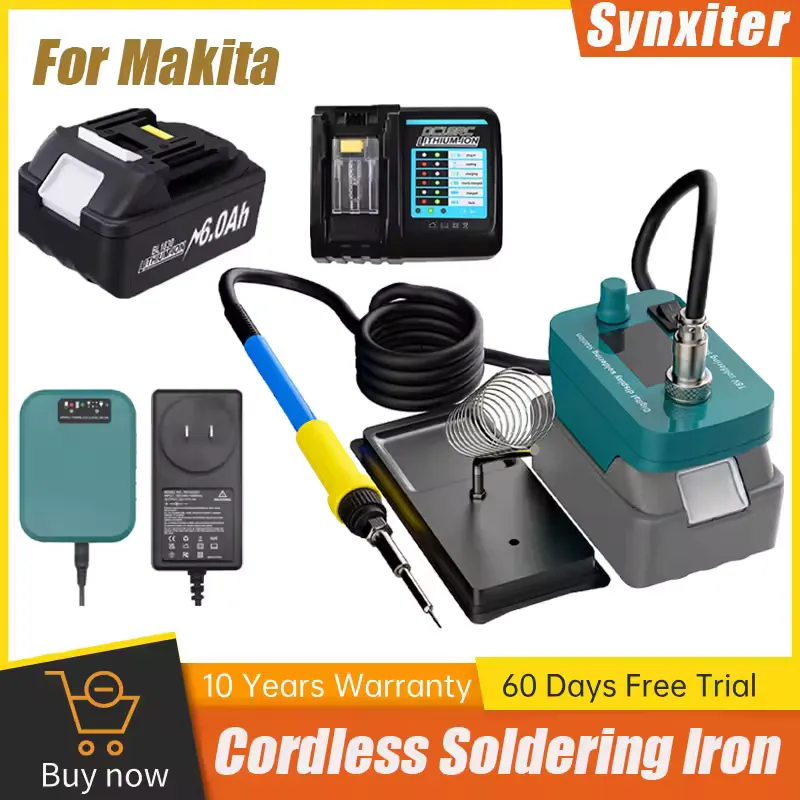 Cordless electric soldering iron station with base holder temperature control and tip included on workbench