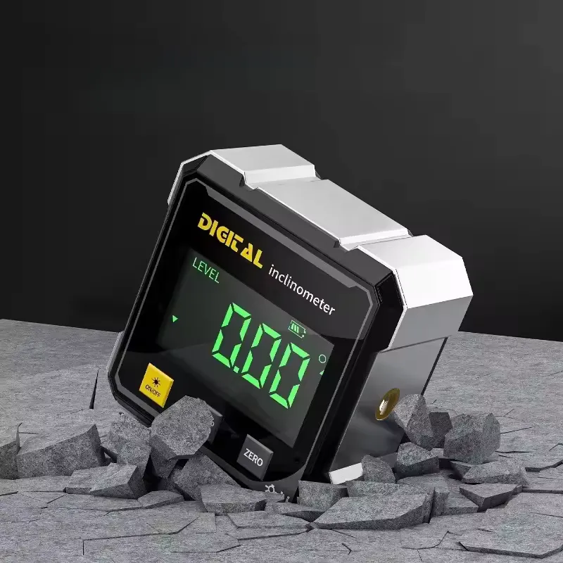 Digital protractor and angle finder with laser line projection for wall alignment and angle measurement