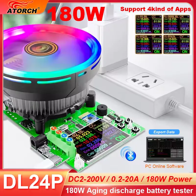 DL24P electronic load battery tester showing discharge curve on 2.4 inch color display with Bluetooth connectivity