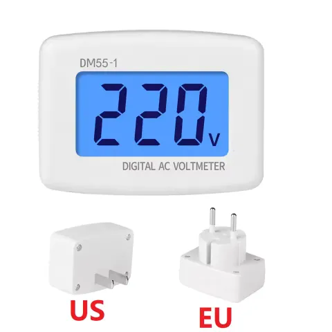DM55-1 digital panel voltmeter plugged into wall outlet showing AC voltage reading on LCD display