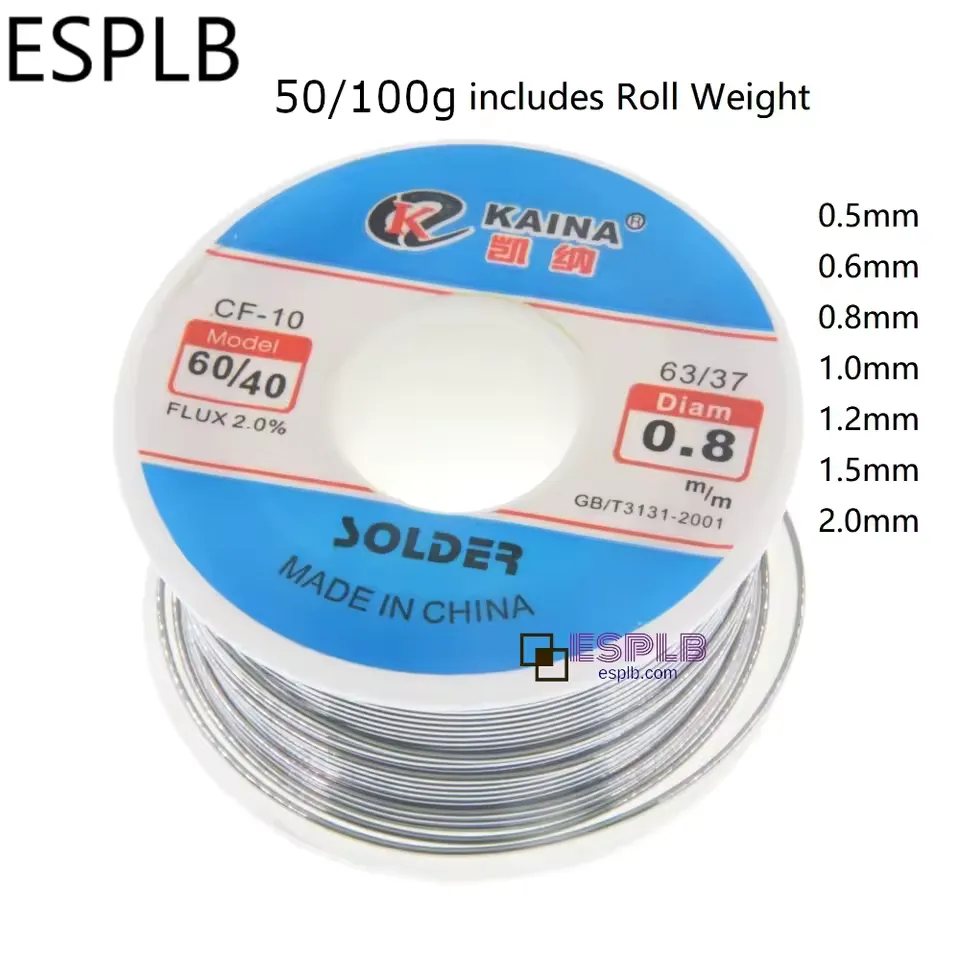 ESPLB CF-10 rosin core solder wire on reel showing pure tin composition and multiple diameter options