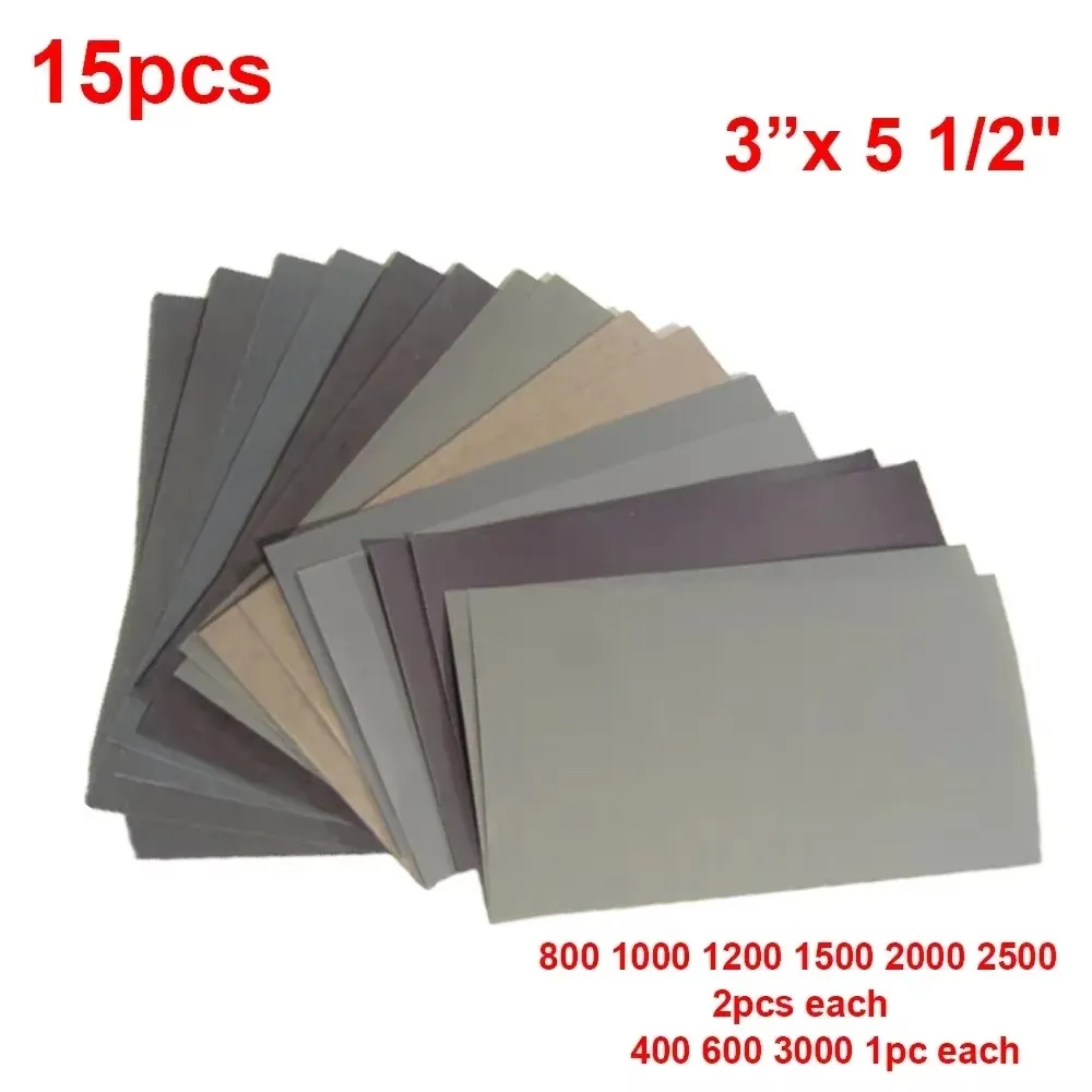 Essential wet and dry sandpaper set 15 pieces showing grit range 400 to 3000 for metal surface preparation and polishing