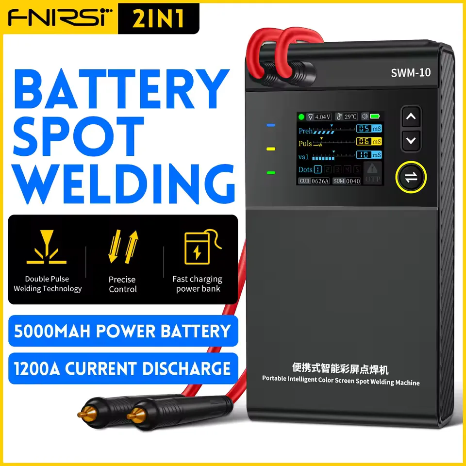 FNIRSI SWM-10 portable spot welder with 5000mAh built-in battery producing clean spot welds on nickel strip