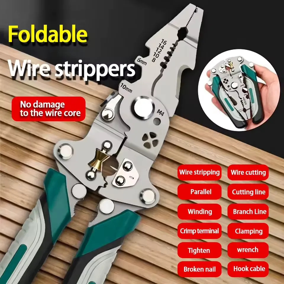Folding Wire Stripper & Crimping Pliers — Best Compact Tool Folding wire stripper and crimping pliers in compact pocket size showing pulley mechanism and wire winding function