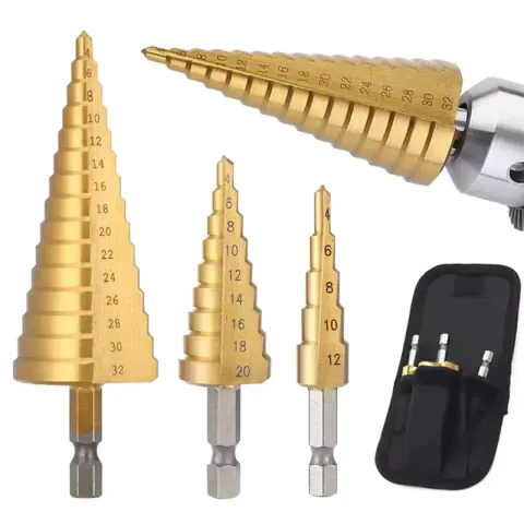 HSS titanium-coated step drill bit set in 4-32mm and 4-20mm sizes for sheet metal and panel work