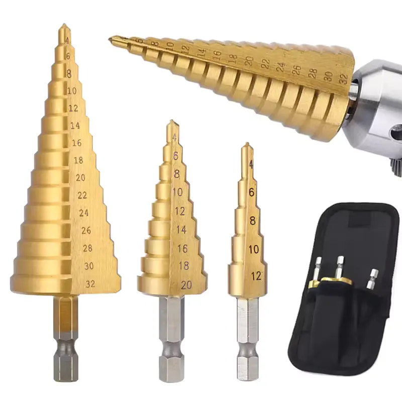 HSS titanium-coated step drill bit set in 4-32mm and 4-20mm sizes for sheet metal and panel work