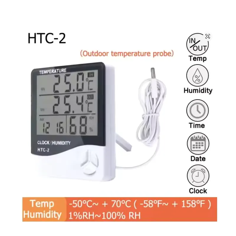 HTC-1 & HTC-2 Digital Thermometer Hygrometer Series — Classic Choice HTC-1 and HTC-2 digital thermometer hygrometer series with built-in clock on a home desk