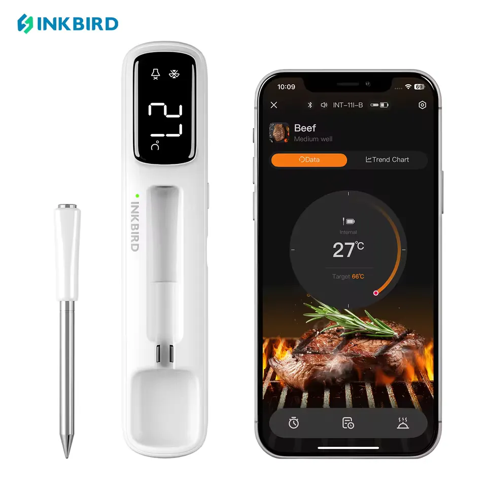 INKBIRD INT-11I-B Bluetooth Meat Thermometer — Best Companion for Sous Vide Cooking INKBIRD INT-11I-B Bluetooth meat thermometer with LED display showing temperature reading