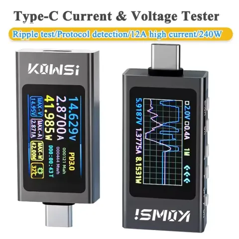 KWS-X1 USB Type-C power meter inline between charger and device showing voltage current and wattage on LCD