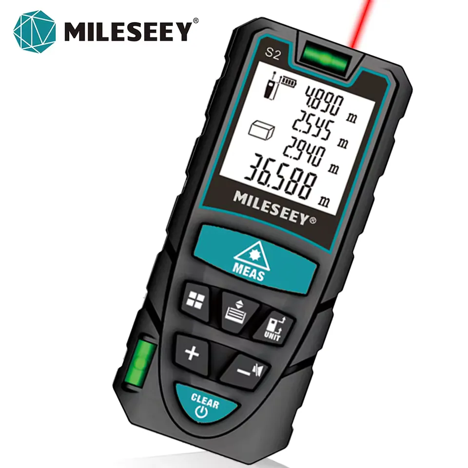 MILESEEY S2 laser distance meter compact design on a construction site showing distance reading on LCD
