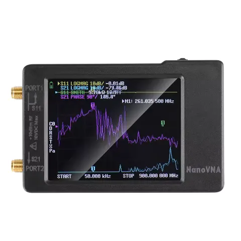 NanoVNA-H vector network analyzer showing S11 return loss measurement on display with SD card slot