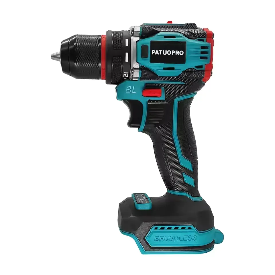 PATUOPRO 10mm Cordless Brushless Drill Driver — Editor's Choice PATUOPRO 10mm cordless brushless drill driver with metal chuck showing 2-speed gearbox detail