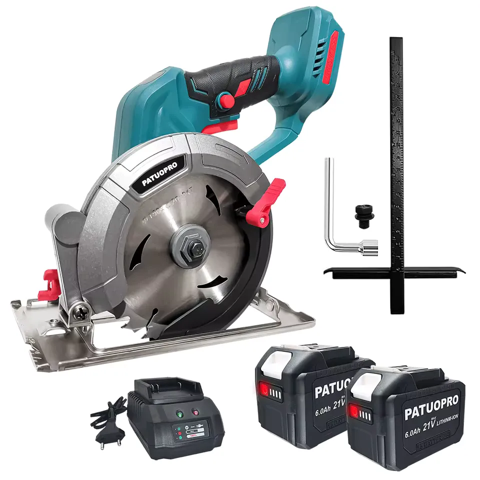 PATUOPRO 6-Inch Cordless Brushless Circular Saw — Premium Choice for Cutting Work PATUOPRO 6-inch cordless brushless circular saw making a clean cut in wood using Makita 18V battery