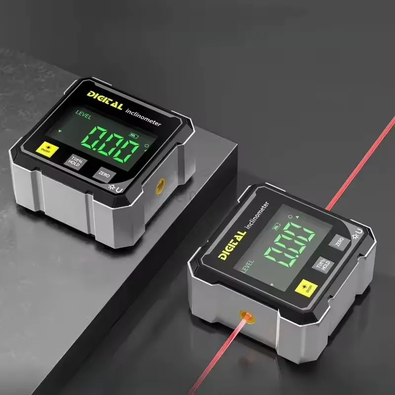 Pocket digital level and angle finder with LCD display and magnetic base showing measurement reading