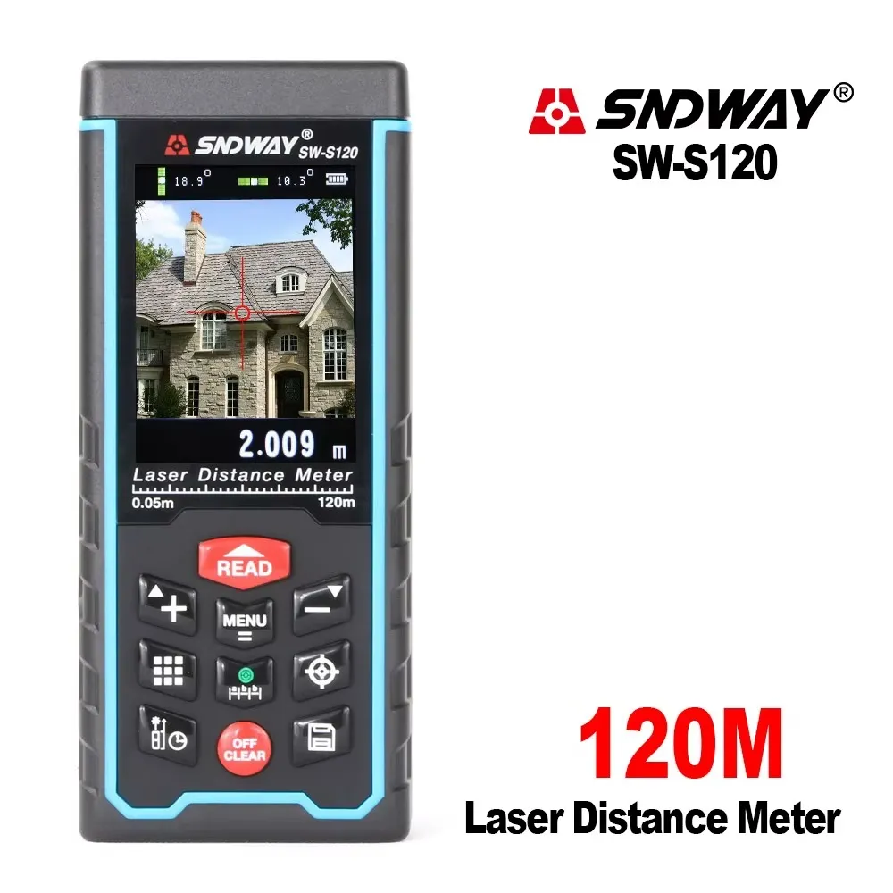 SNDWAY SW-S120 laser distance meter with large backlit LCD display and durable housing for outdoor use