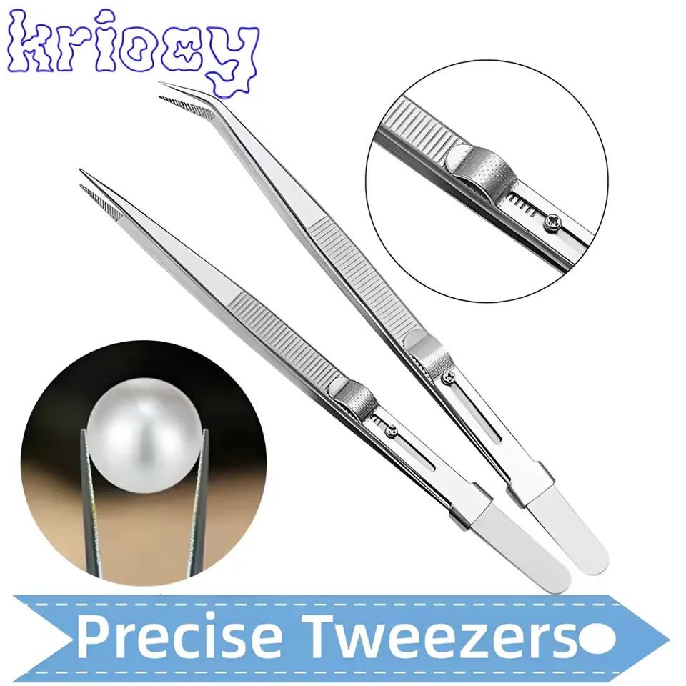 Stainless steel adjustable lock tweezers with slide-lock buckle holding a small gemstone for jewelry setting