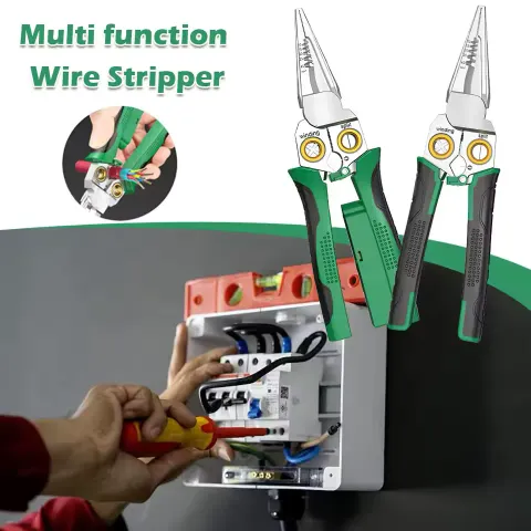 Stainless steel multipurpose wire stripper and crimper showing multi-gauge cutting and crimping functions