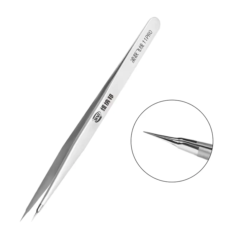 Industrial grade stainless steel precision tweezers gripping an IC component on a circuit board