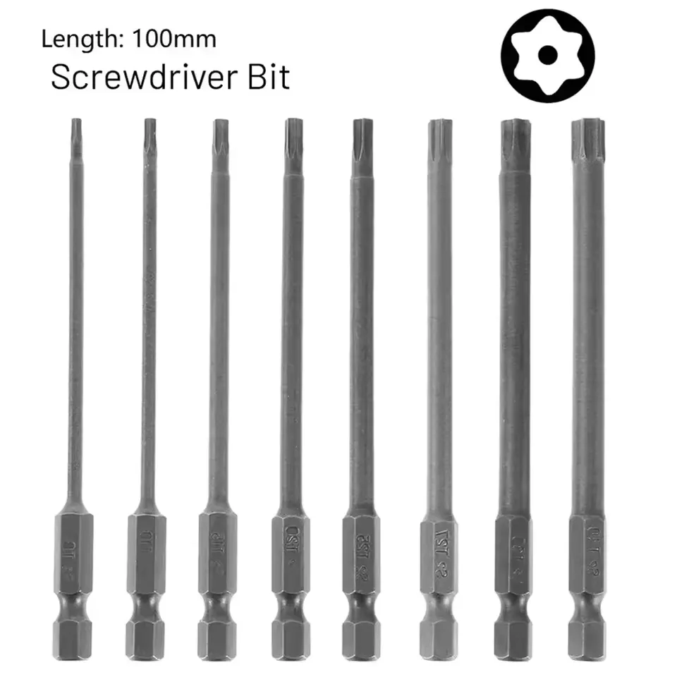 Torx magnetic screwdriver bits T8 to T40 100mm extended length for electric drills and manual drivers