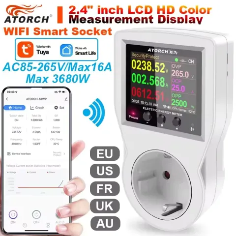 Tuya Wi-Fi smart plug with energy monitor showing power consumption data in smartphone app dashboard