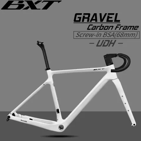 BXT carbon road bike frame and fork on a white background showing geometry and finish quality