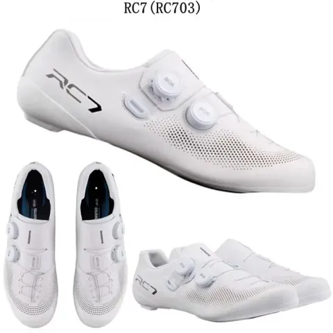 Shimano road cycling shoes compatible with clipless cleats showing stiff sole and closure system
