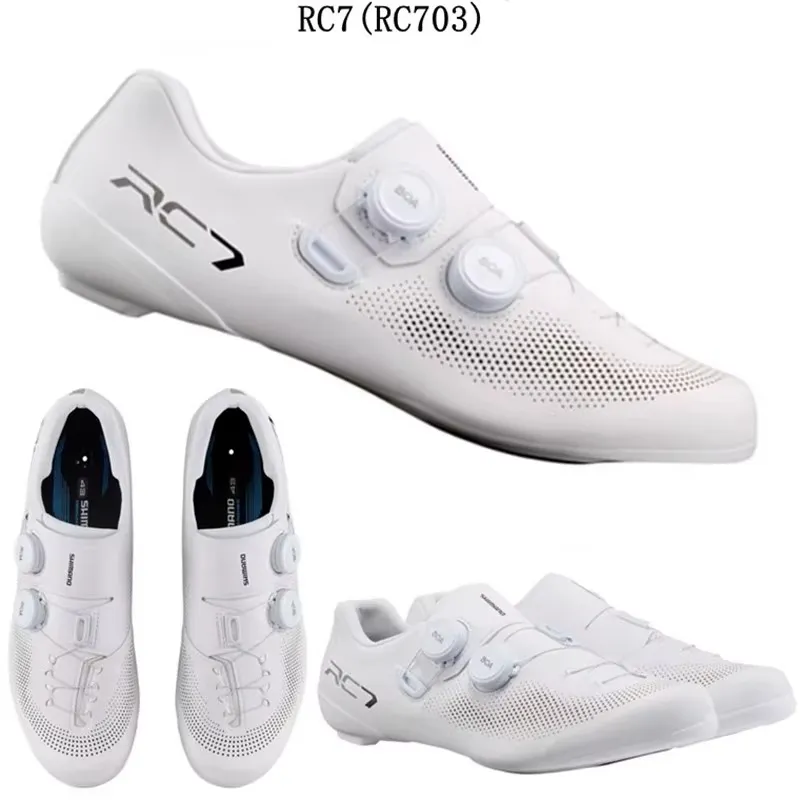 Shimano road cycling shoes compatible with clipless cleats showing stiff sole and closure system