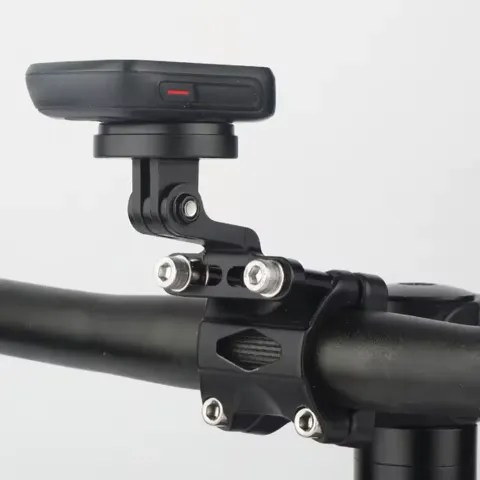 Lightweight stem-mount cycling computer and front light bracket on carbon stem bar setup