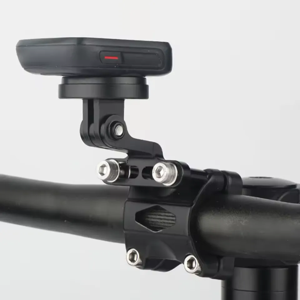 Lightweight stem-mount cycling computer and front light bracket on carbon stem bar setup